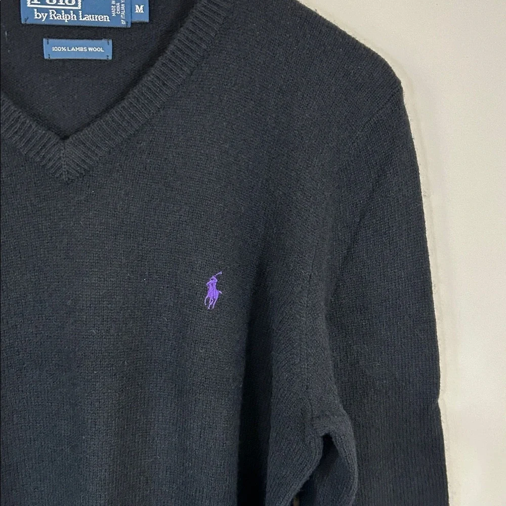 Polo Ralph Lauren Lambs Wool V Neck Sweater Mens Black Purple Pony Sz M